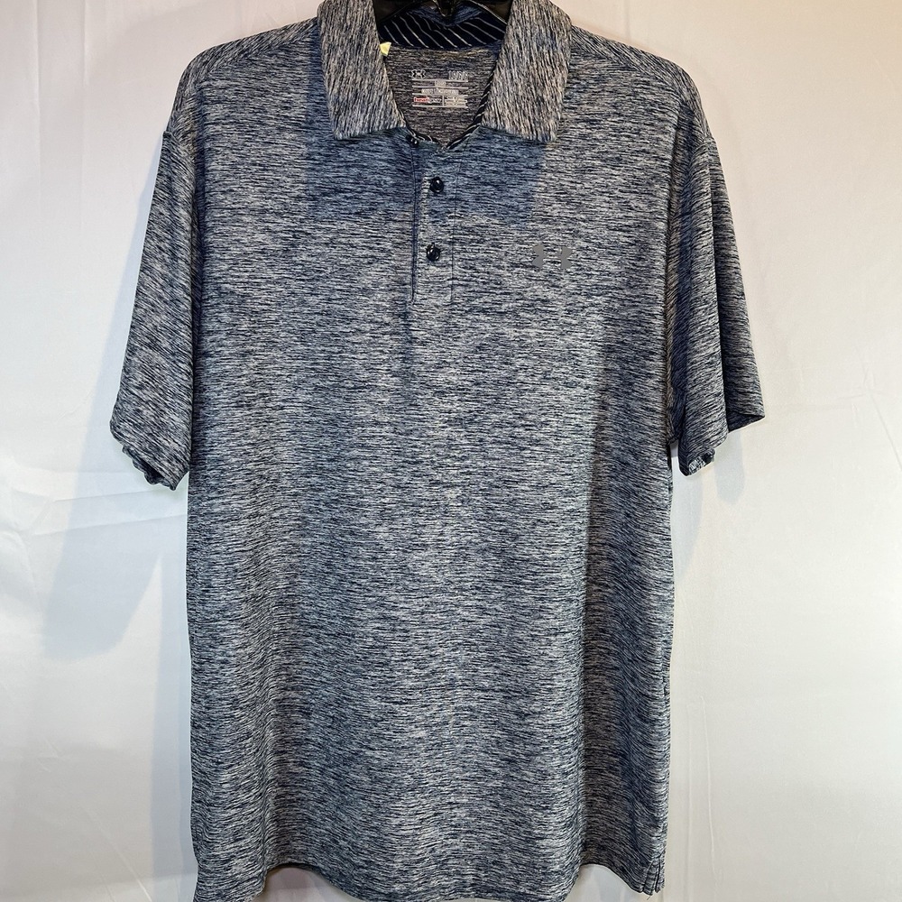 UNDER ARMOUR Men's Large Blue Polyester Polo Golf Shirt 3-Button Loose Heatgaurd